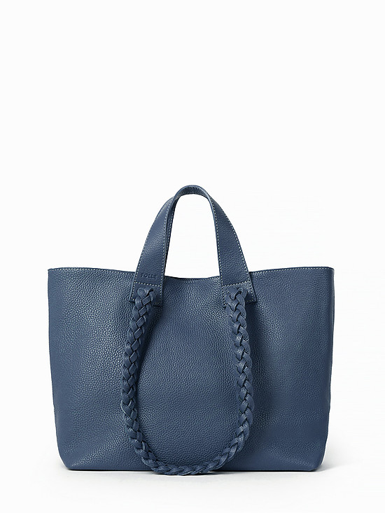 Синяя сумка-тоут из мягкой кожи с плетеными ручками  Folle
