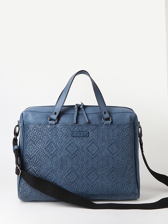 Деловая сумка из кожи цвета голубого-денима и плетеным декором  Bruno Rossi