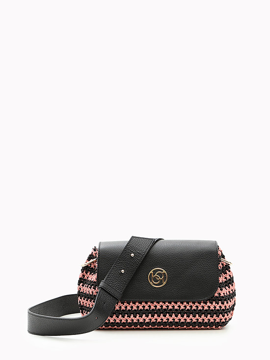 Черно-розовая сумочка кросс-боди - багет из кожи и плетеной соломки рафии  BE NICE