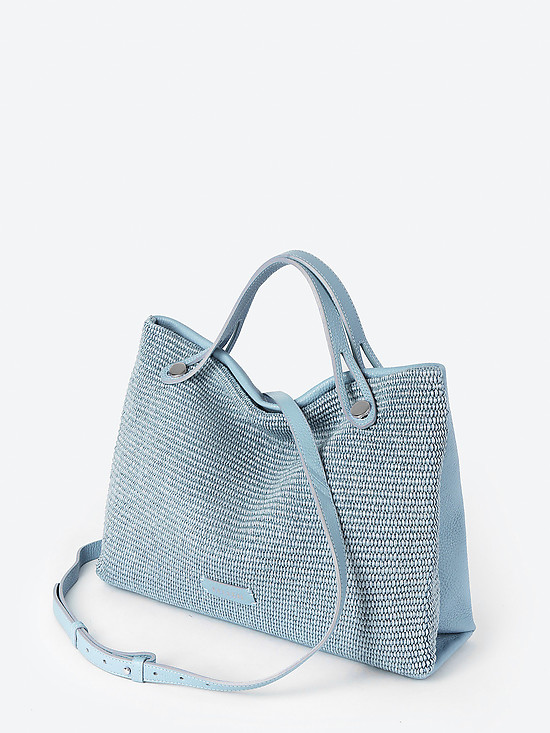Мягкая сумка-тоут из натуральной кожи и соломки рафии голубого оттенка  KELLEN