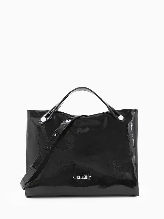 Прямоугольная сумка-тоут черного цвета среднего размера из натуральной лаковой кожи  KELLEN
