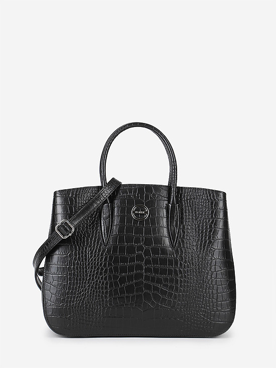 Черная базовая сумка-тоут из кожи под крокодила  Folle