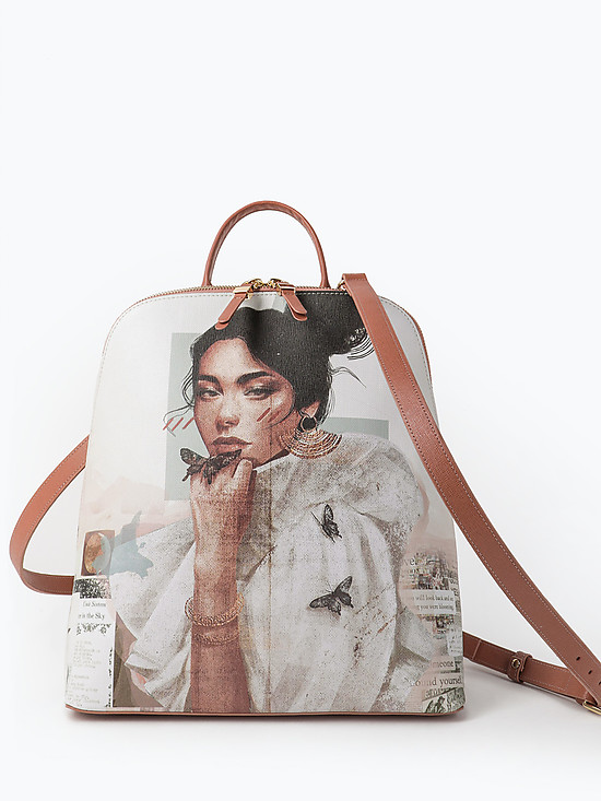 Рюкзак с отстегивающимися лямками из плотной коричневой кожи с портретным принтом  KELLEN