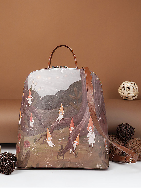 Рюкзак с отстегивающимися лямками из плотной коричневой кожи с фантазийным принтом  KELLEN