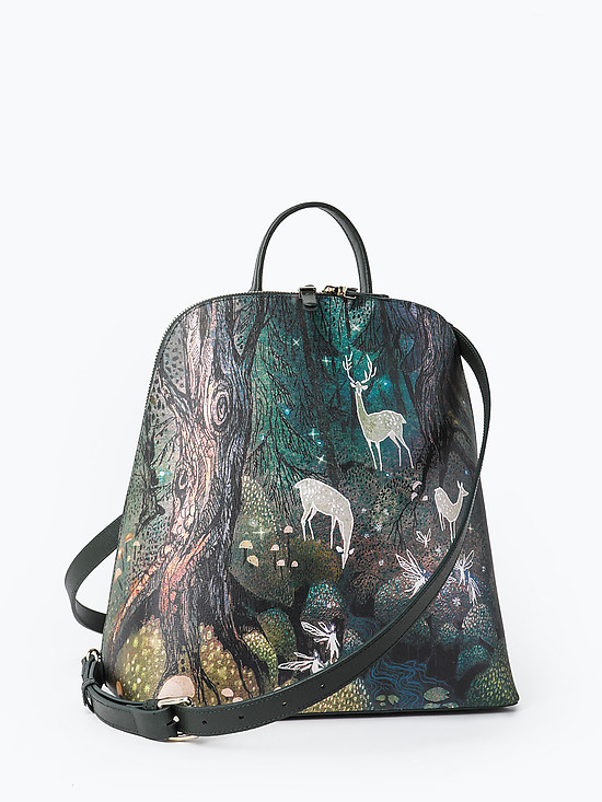Рюкзак с отстегивающимися лямками из плотной темно зеленой кожи с фантазийным принтом  KELLEN