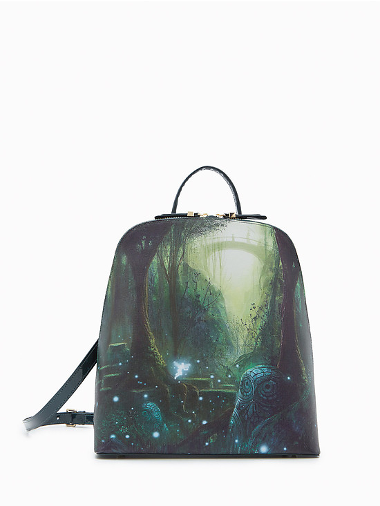 Рюкзак с отстегивающимися лямками из плотной темно-зеленой лаковой и сафьяновой кожи с принтом  KELLEN