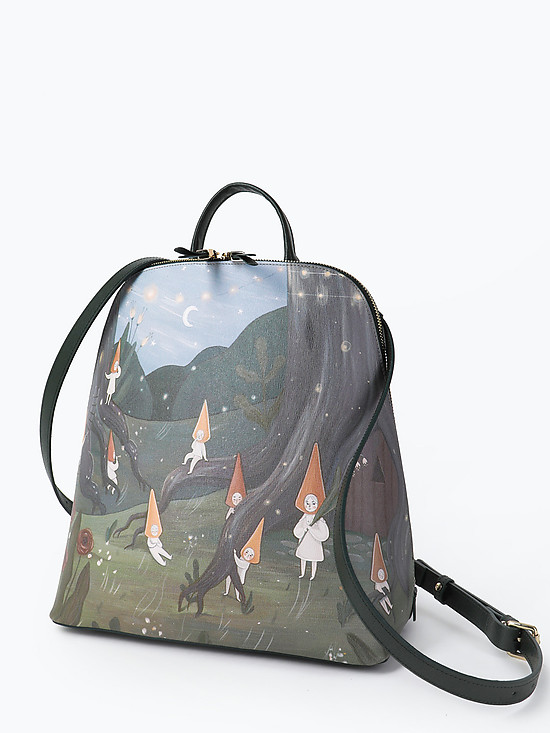 Рюкзак с отстегивающимися лямками из плотной темно-оливковой кожи с фантазийным принтом  KELLEN