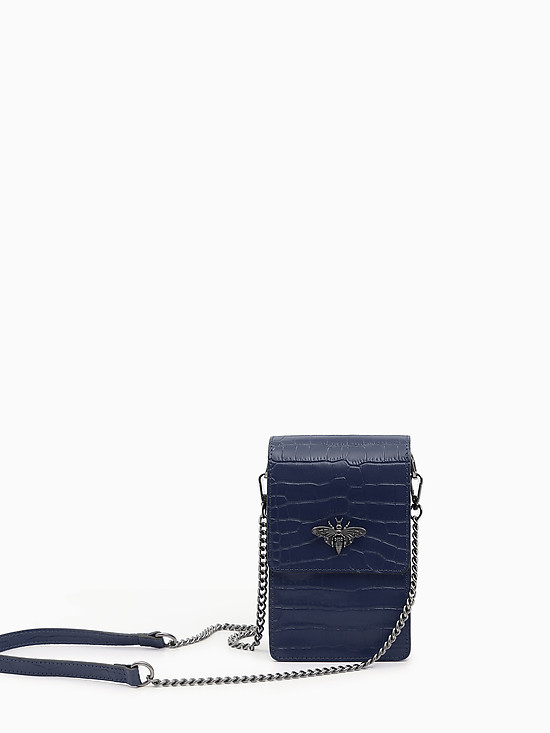 Темно-синяя сумочка для телефона с тиснением под кожу крокодила  Folle