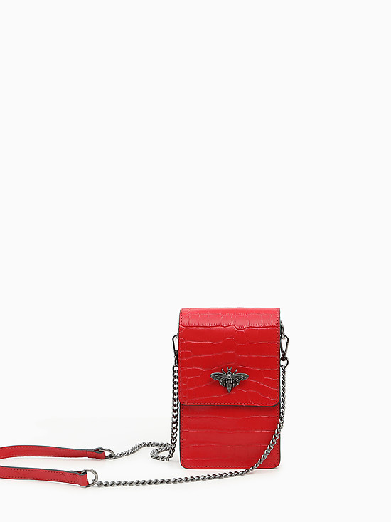 Ярко-красная сумочка для телефона с тиснением под кожу крокодила  Folle