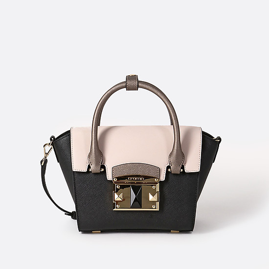Стильная двухцветная сумочка из натуральной кожи сафьяно в черном и розовом цветах  Cromia