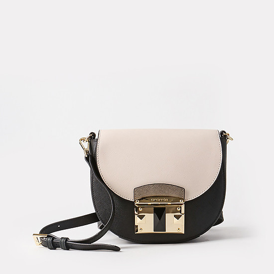 Черно-розовая сумочка-седло из натуральной кожи сафьяно с золотым замком  Cromia