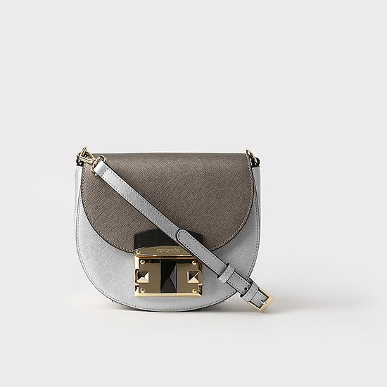 Бронзово-серебряная сумочка-седло из натуральной кожи сафьяно с золотым замком  Cromia