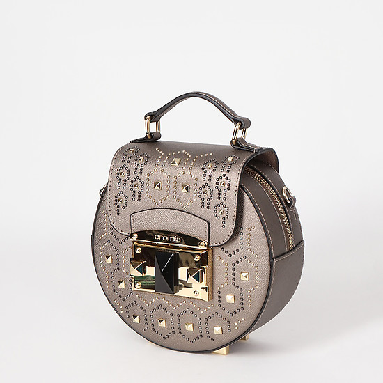 Круглая сумочка бронзового цвета небольшого размера из кожи сафьяно с заклепками  Cromia