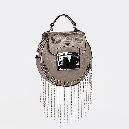 Маленькая круглая бронзовая сумочка из сафьяновой кожи с серебристой металлической бахромой  Cromia