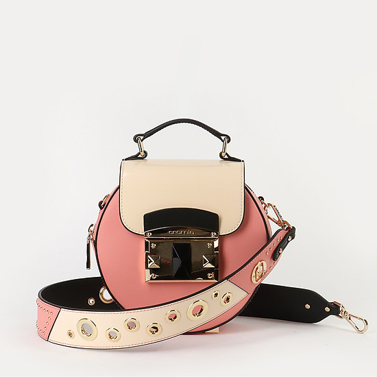 Круглая сумочка-боулер из кораллово-розовой и бежевой кожи с двумя ремешками  Cromia
