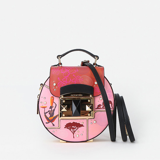Круглая кожаная сумочка-боулер с ярким дизайнерским принтом  Cromia