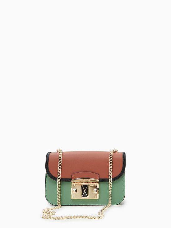 Прямоугольная сумочка кросс-боди в стиле колор-блок из зеленой, коричневой и темно-коричневой кожи  Cromia