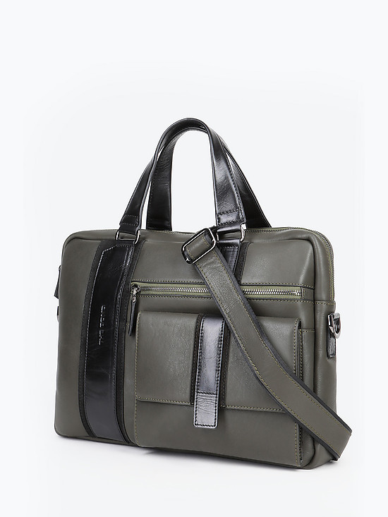 Темно-оливковая кожаная деловая сумка с внешними карманами  Bond