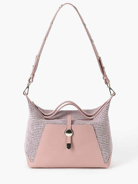 Небольшая мягкая сумка из пудрово-розовой кожи и плетеной соломки  KELLEN