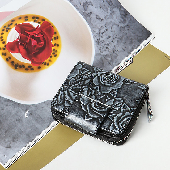 Серебристо-черный небольшой кошелек из натуральной кожи с цветочным тиснением  Alessandro Beato