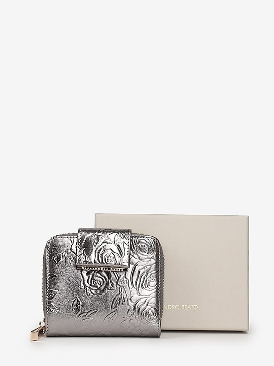 Небольшой серебристый кошелек из натуральной кожи с цветочным тиснением  Alessandro Beato
