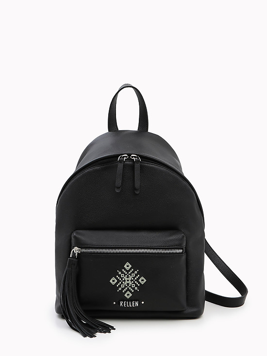 Черный кожаный рюкзак среднего размера с вышивкой на переднем кармане  KELLEN