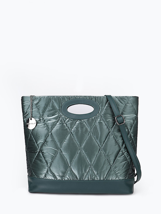 Текстильная стеганая сумка-тоут со вставками из экокожи темно-зеленого цвета  Alex Max