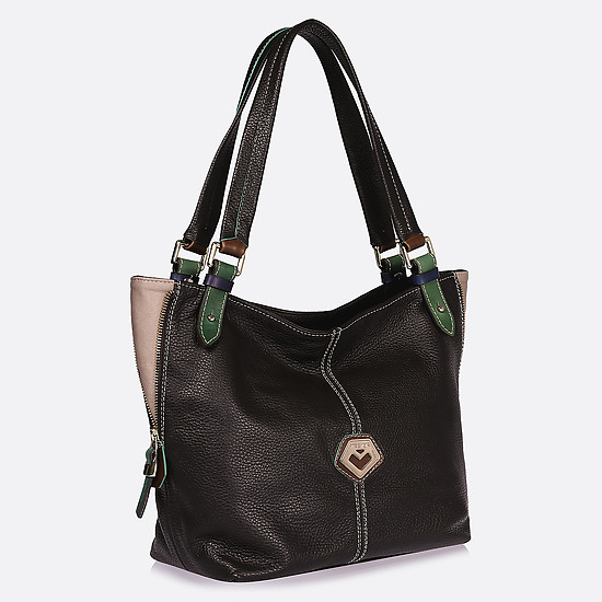 Вместительная сумка тоут из натуральной темно-коричневой кожи с контрастной зеленой отделкой  Trevor