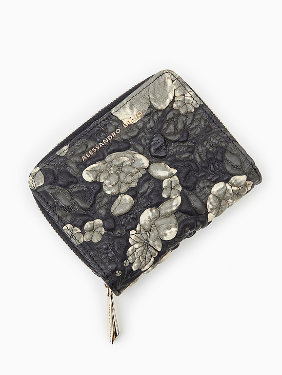 Небольшой черный кошелек на молнии из кожи с объемным тиснением букле  Alessandro Beato