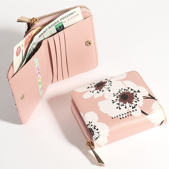 Нежно-розовый кожаный кошелек с цветочным принтом  Alessandro Beato