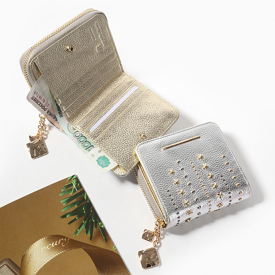 Небольшой кошелек на молнии и кнопке из серебристой и золотистой кожи  Alessandro Beato