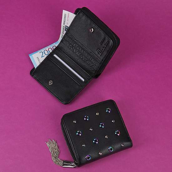 Черный небольшой кожаный кошелек на молнии и кнопке с голографической фурнитурой  Alessandro Beato