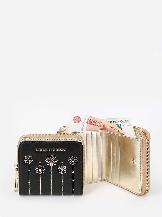 Небольшой черный кожаный кошелек на молнии с золотистыми цветами  Alessandro Beato