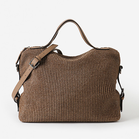 Плетеная сумка-тоут из светло-коричневой рафии и кожи  Gianni Notaro