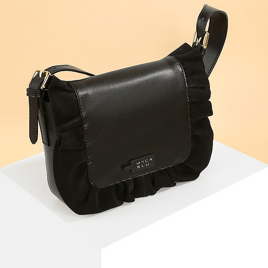 Черная сумочка кросс-боди из натуральной кожи с замшевой оборкой  Tosca Blu