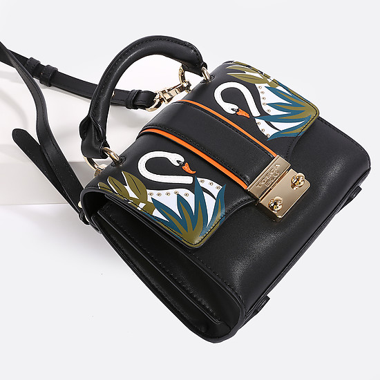Черная кожаная сумочка в ретро стиле с принтом лебедей  Tosca Blu