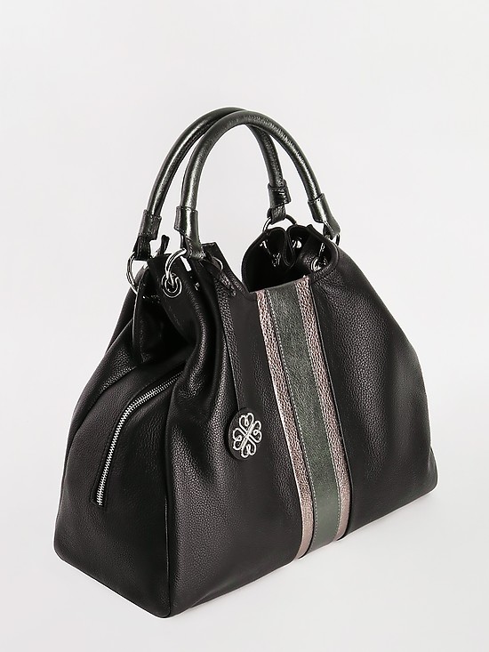 Черная сумка-тоут из натуральной мягкой кожи со вставкой из металлизированной кожи  KELLEN