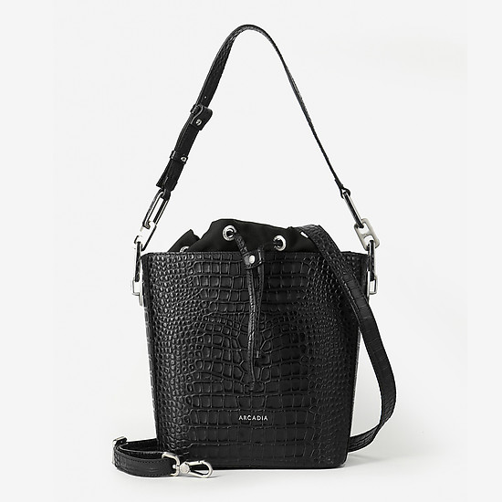 Черная сумка-ведро из натуральной кожи с тиснением под кожу крокодила  Arcadia