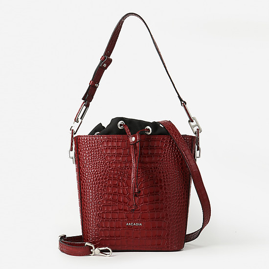 Бордовая сумка-ведро из натуральной кожи с тиснением под кожу крокодила  Arcadia
