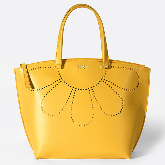 Большая желтая сумка-тоут из натуральной гладкой кожи  Tosca Blu