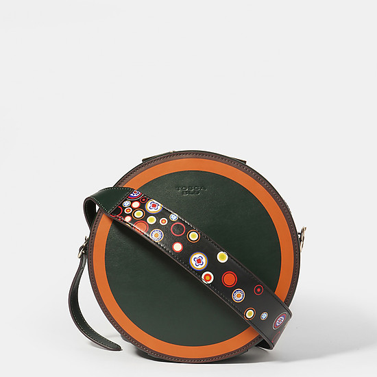 Круглая сумочка кросс-боди из темно-зеленой кожи с оранжевой окантовкой в стиле 80-х  Tosca Blu