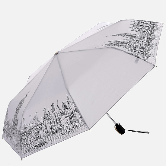 Светло-серый складной зонт с рисунком города  Tri Slona