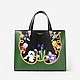 Черная сумка-тоут из плотной кожи с цветочным принтом в зеленых тонах  Tosca Blu