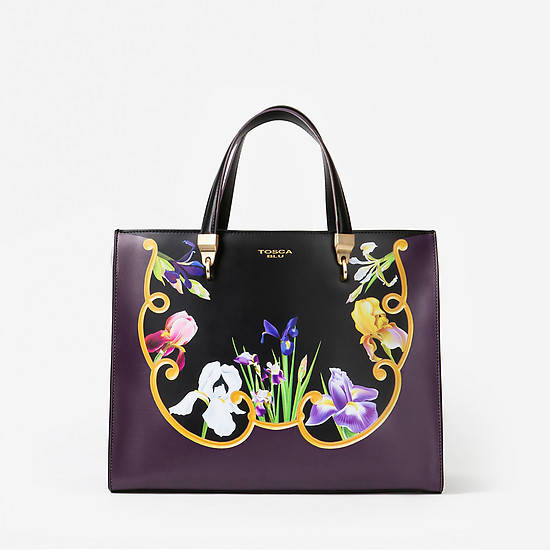 Черная сумка-тоут из плотной кожи с цветочным принтом в фиолетовых тонах  Tosca Blu