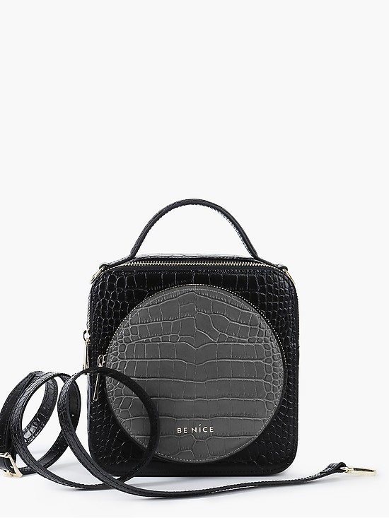 Небольшая черная сумочка-боулер с серым карманом из кожи под крокодила  BE NICE