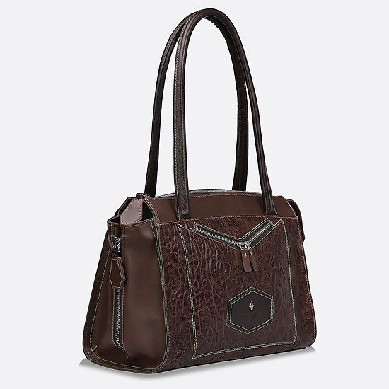 Вместительная сумка-тоут из натуральной кожи в коричневом цвете с контрастной прострочкой и серебристой фурнитурой  Backster