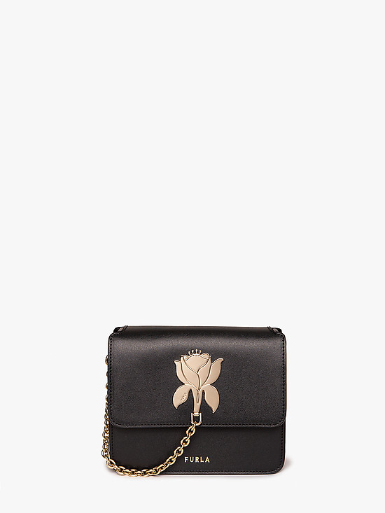 Мини-сумка кросс-боди TUBEROSA из матовой черной кожи с золотистым декором в виде цветка  Furla