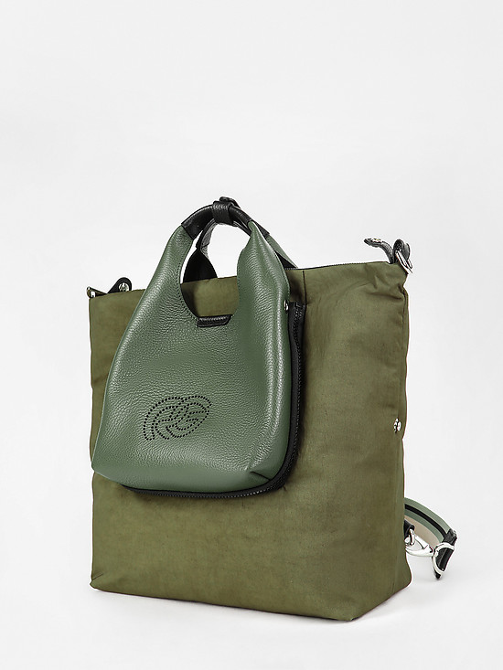 Текстильная оливковая сумка-рюкзак трансформер со съемными кожаными карманами  Roberta Gandolfi