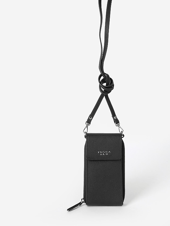 Черная кожаная микро-сумочка - кошелек с ремешком на шею  Tosca Blu