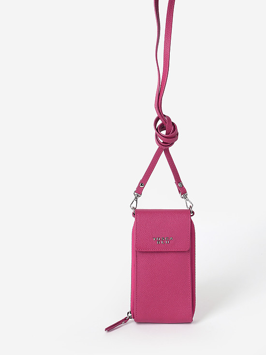 Кожаная микро-сумочка - кошелек с ремешком на шею цвета фуксии  Tosca Blu